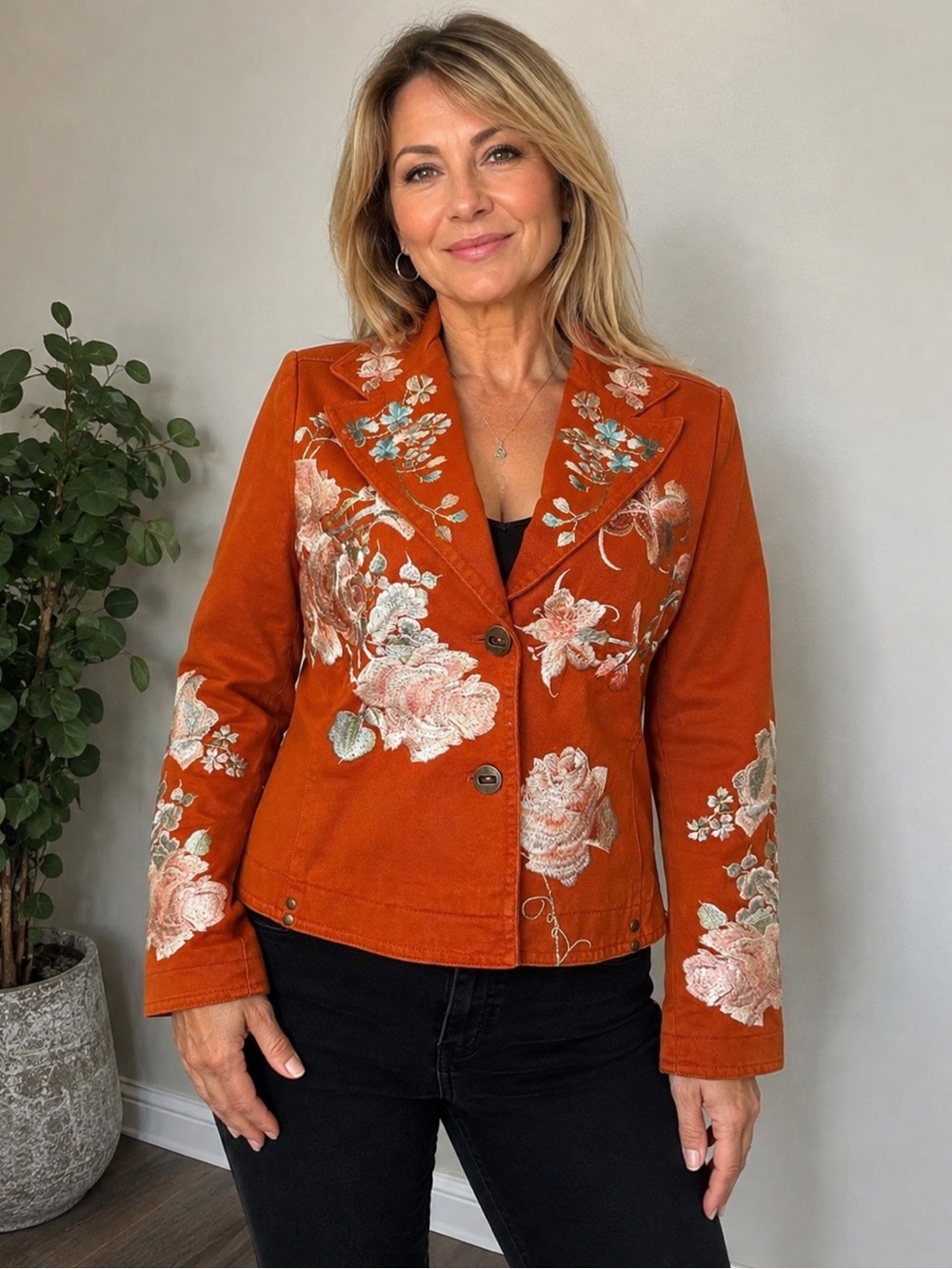 Armor Jeans Floral Embroidered Orange Jacket Size S